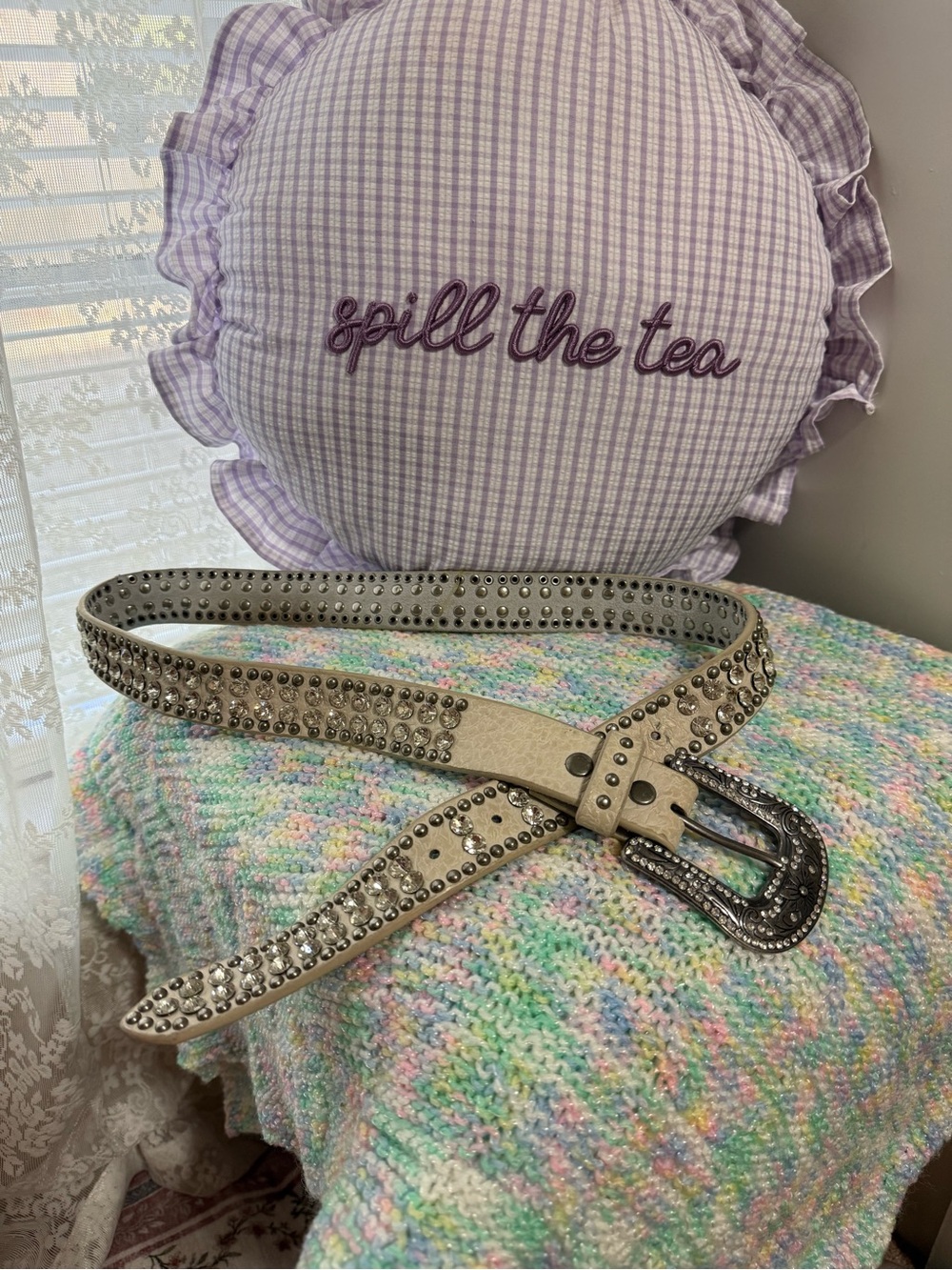 BKE Cream Studded Rhinestone Accent Women's Belt